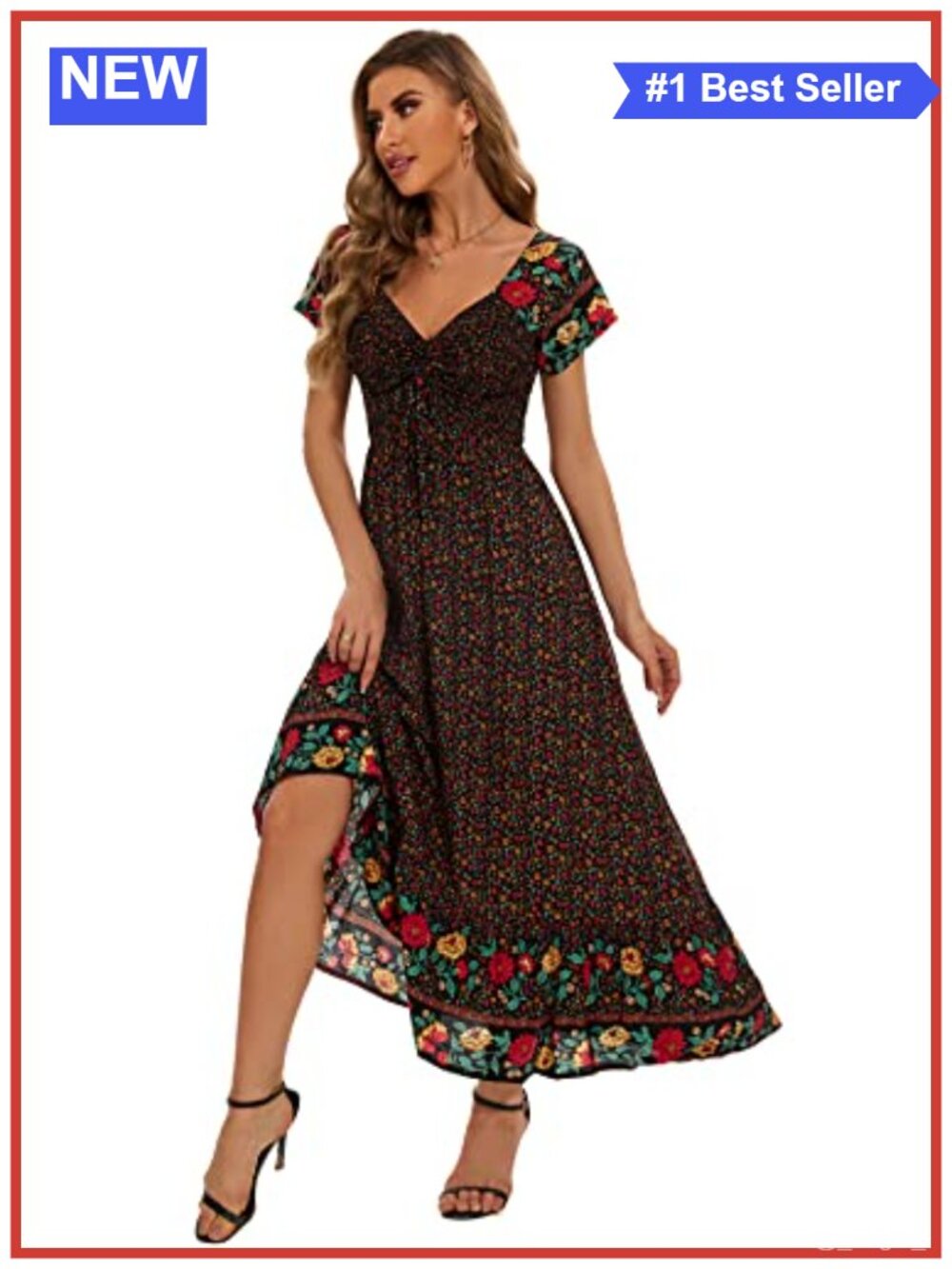 Smocked Floral Maxi Dress Rayon Flowy Tiered Boho Beach Short Sleeve